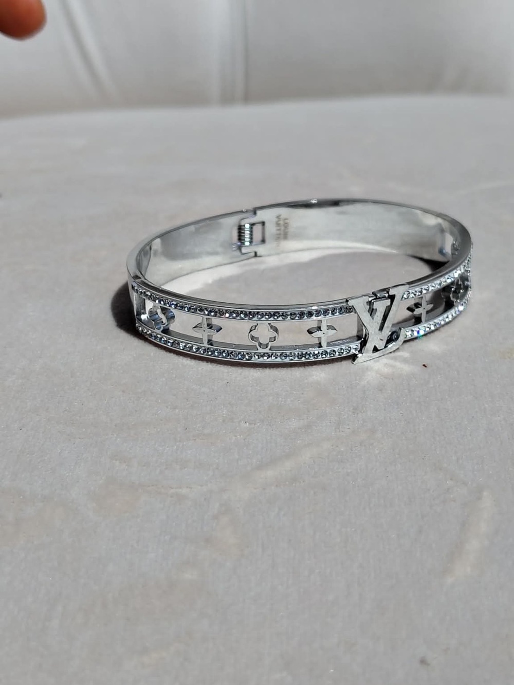 Silver-Tone Crystal Monogram Cutout Bangle Bracelet